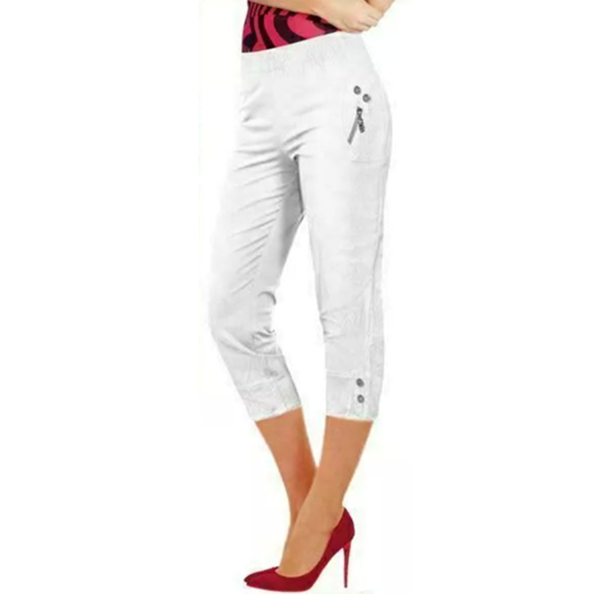 Ladies white 3/4 cropped trousers with zip pocket and button detail summer fashion